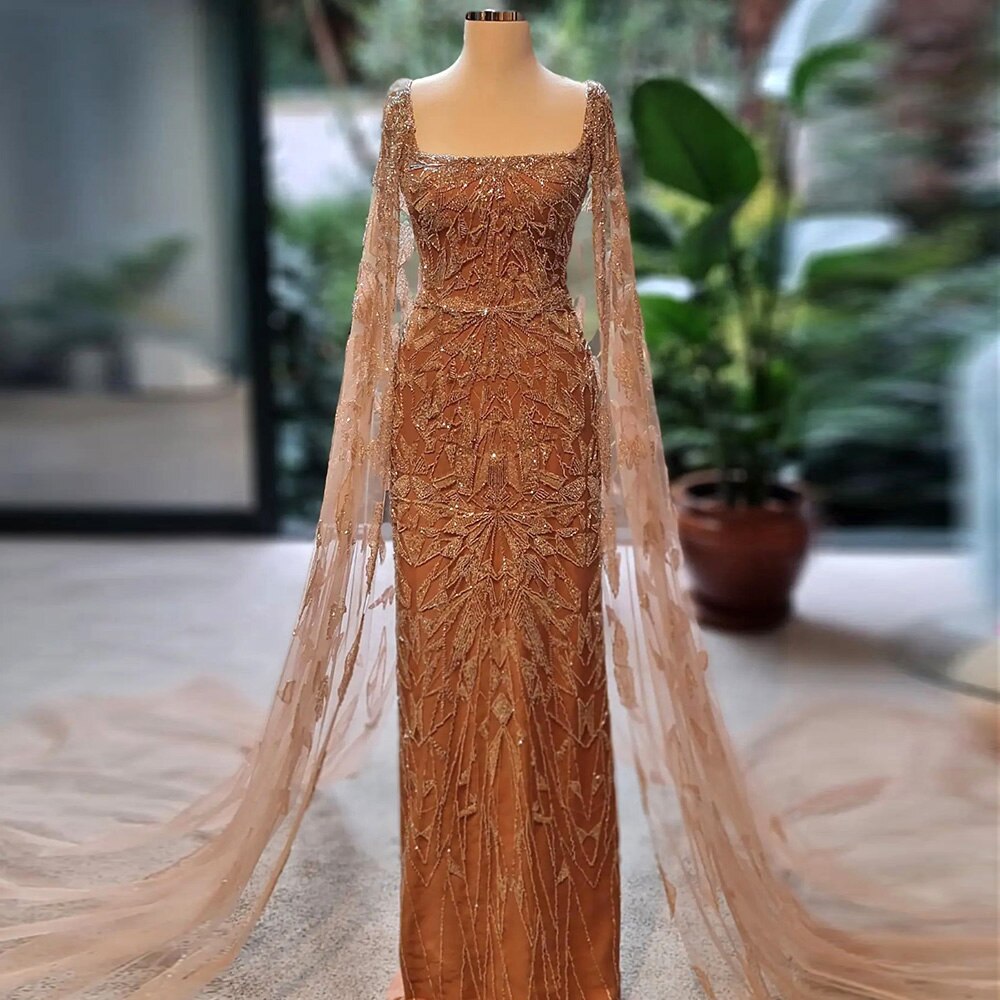 Luxury Nude Pink Square Collar Evening Dresses with Cape Sleeves SS497