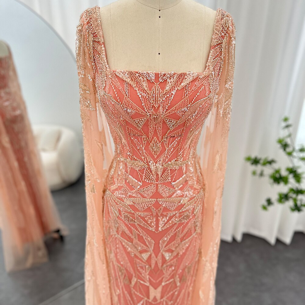 Luxury Nude Pink Square Collar Evening Dresses with Cape Sleeves SS497