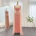 Luxury Nude Pink Square Collar Evening Dresses with Cape Sleeves SS497