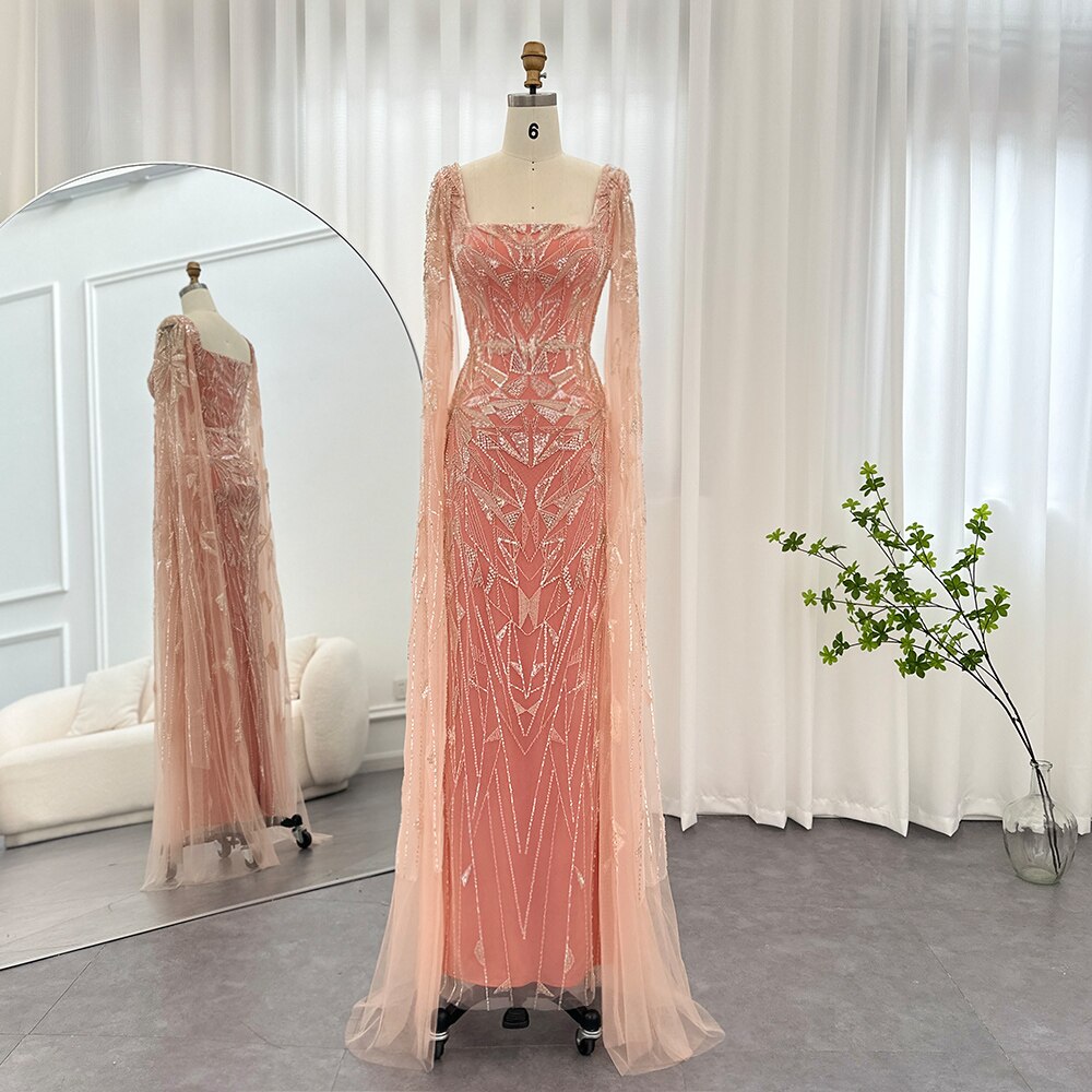 Luxury Nude Pink Square Collar Evening Dresses with Cape Sleeves SS497