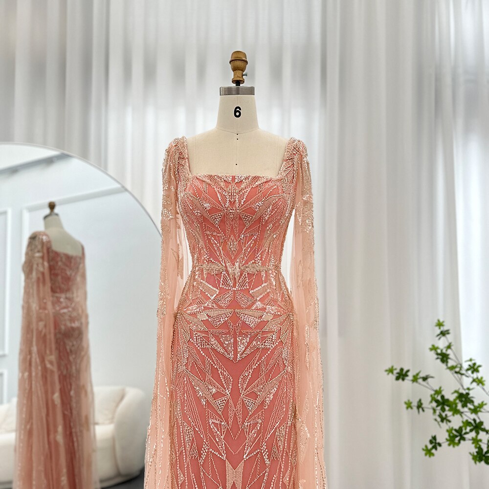 Luxury Nude Pink Square Collar Evening Dresses with Cape Sleeves SS497
