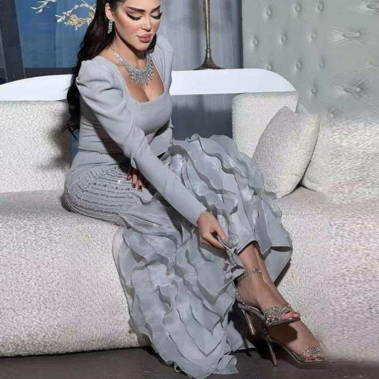 Luxury Gray Crystal Ruffled Long Sleeve Evening Dress XD039