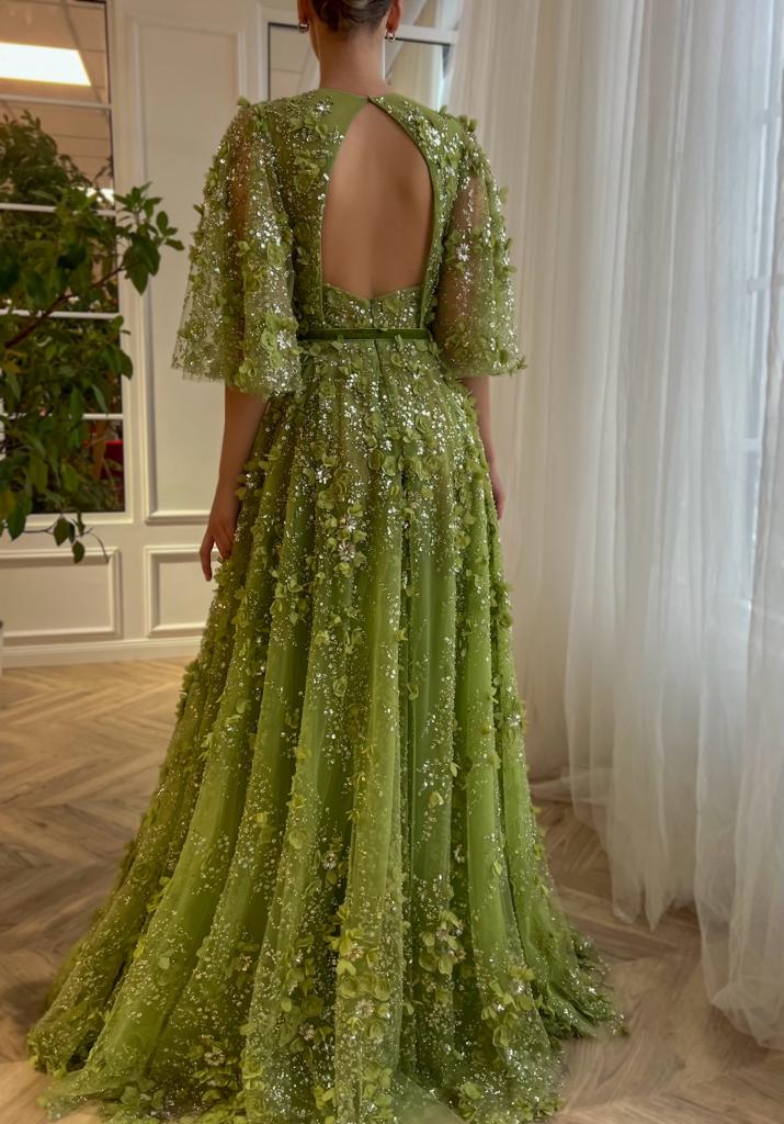 Sexy V-neck Green 3D Embroidered Flowers A-Line Evening Dress SS354