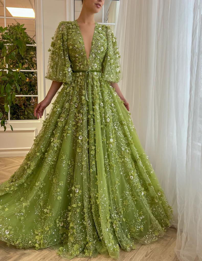 Sexy V-neck Green 3D Embroidered Flowers A-Line Evening Dress SS354