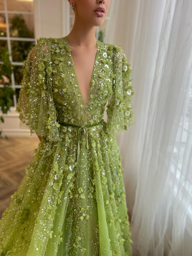 Sexy V-neck Green 3D Embroidered Flowers A-Line Evening Dress SS354