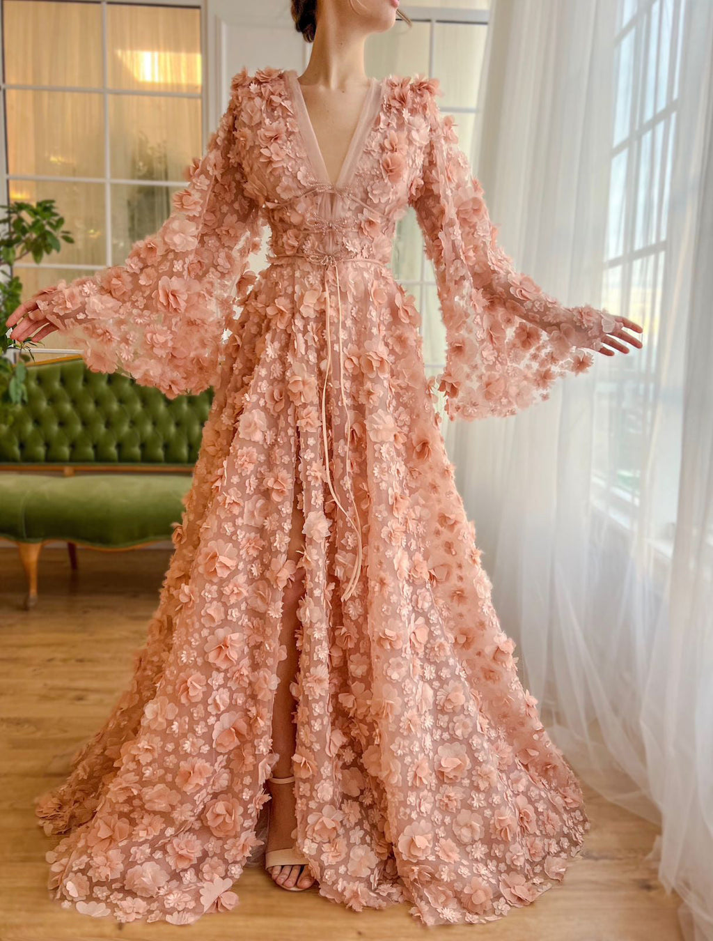 Elegant Peach-Pink V-Neck Evening Dress with 3D Flowers SS295