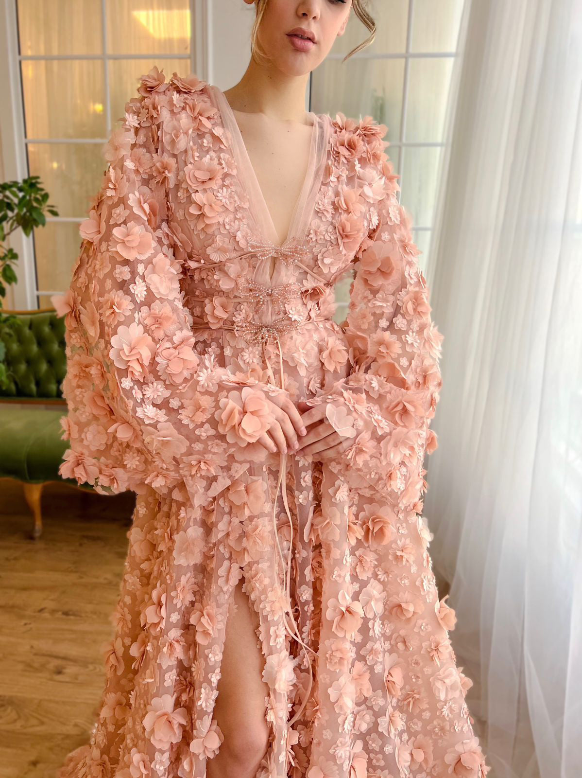 Elegant Peach-Pink V-Neck Evening Dress with 3D Flowers SS295
