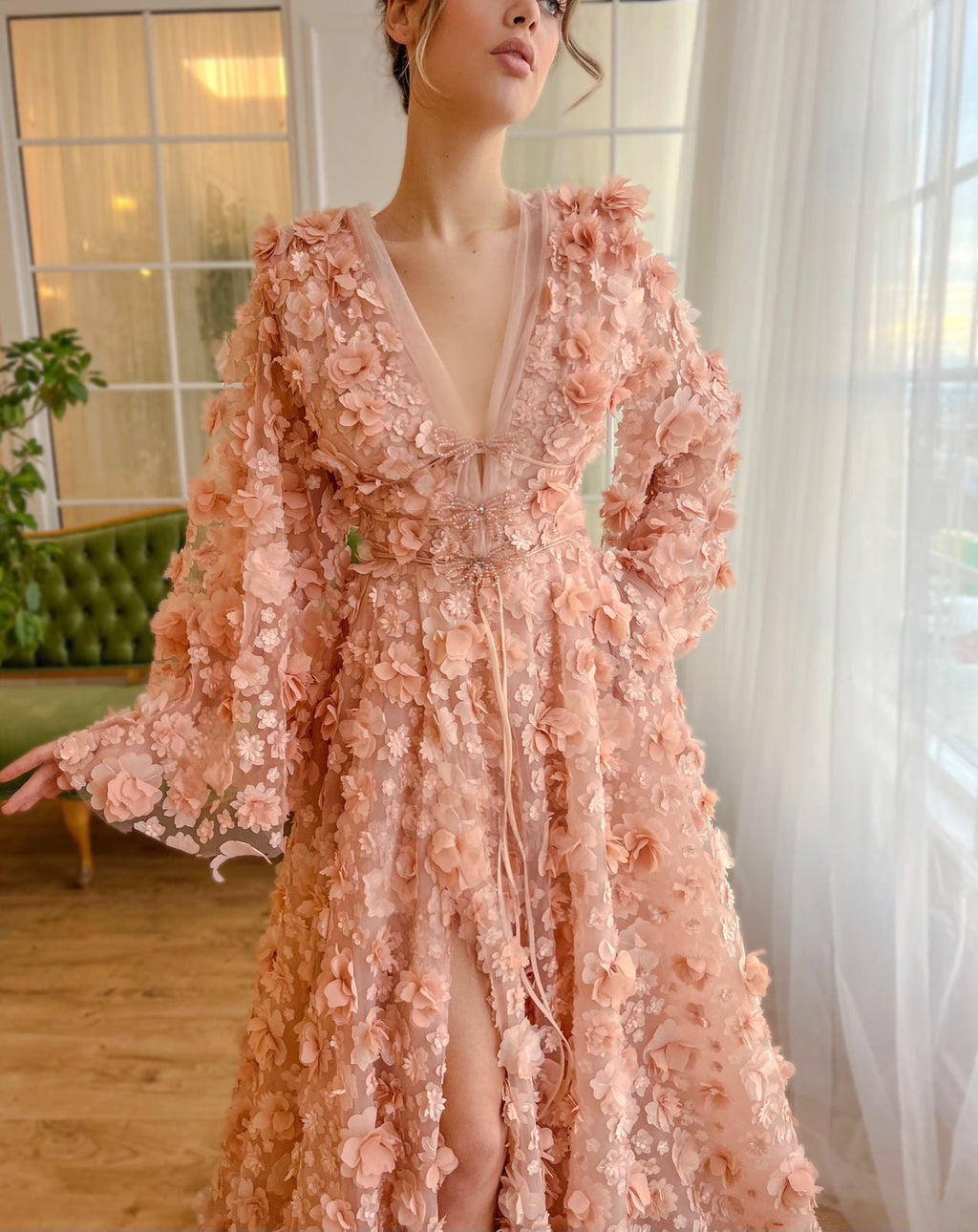 Elegant Peach-Pink V-Neck Evening Dress with 3D Flowers SS295