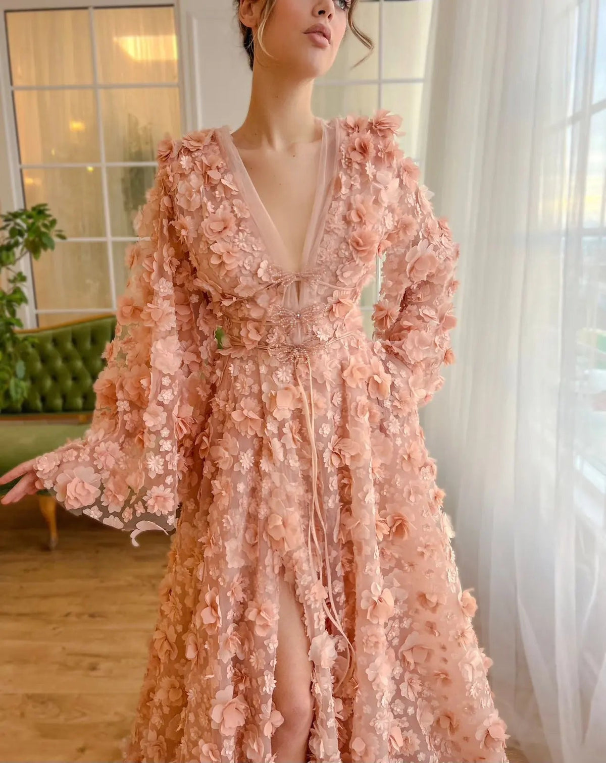 Arabic Peach-Pink 3D Flowers Long Sleeves Evening Dresses SS295