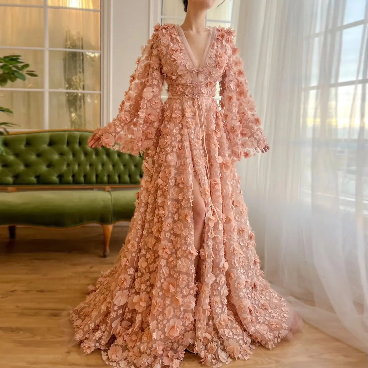 Arabic Peach-Pink 3D Flowers Long Sleeves Evening Dresses SS295
