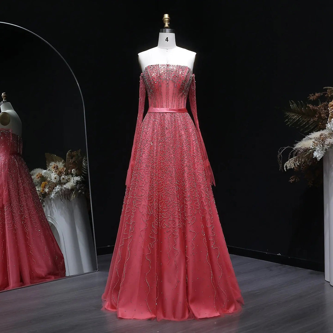 Luxury Watermelon Sequin Crystal Evening Dress with Off Shoulder Sleeves XD004
