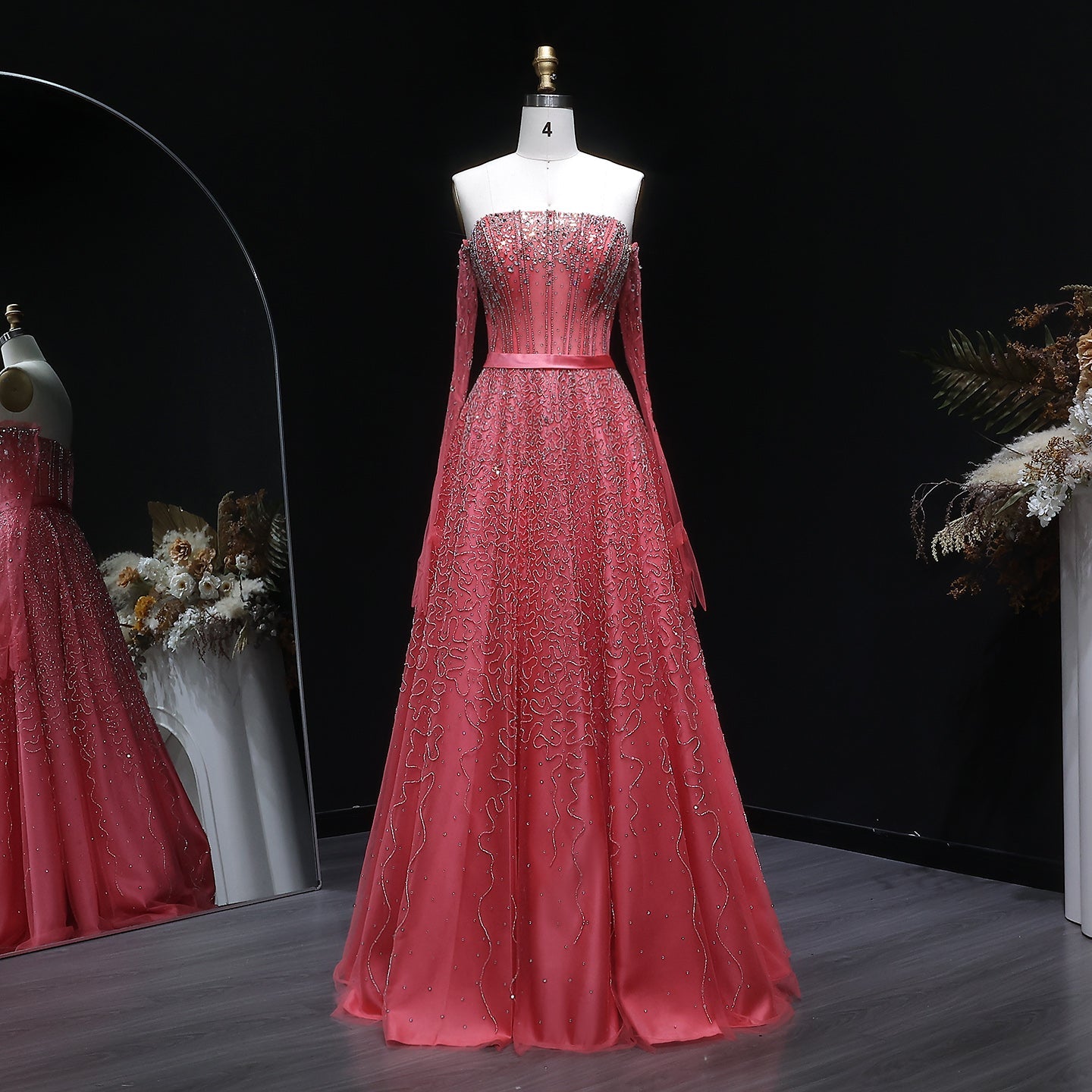Luxury Watermelon Sequin Crystal Off Shoulder Evening Dress XD004