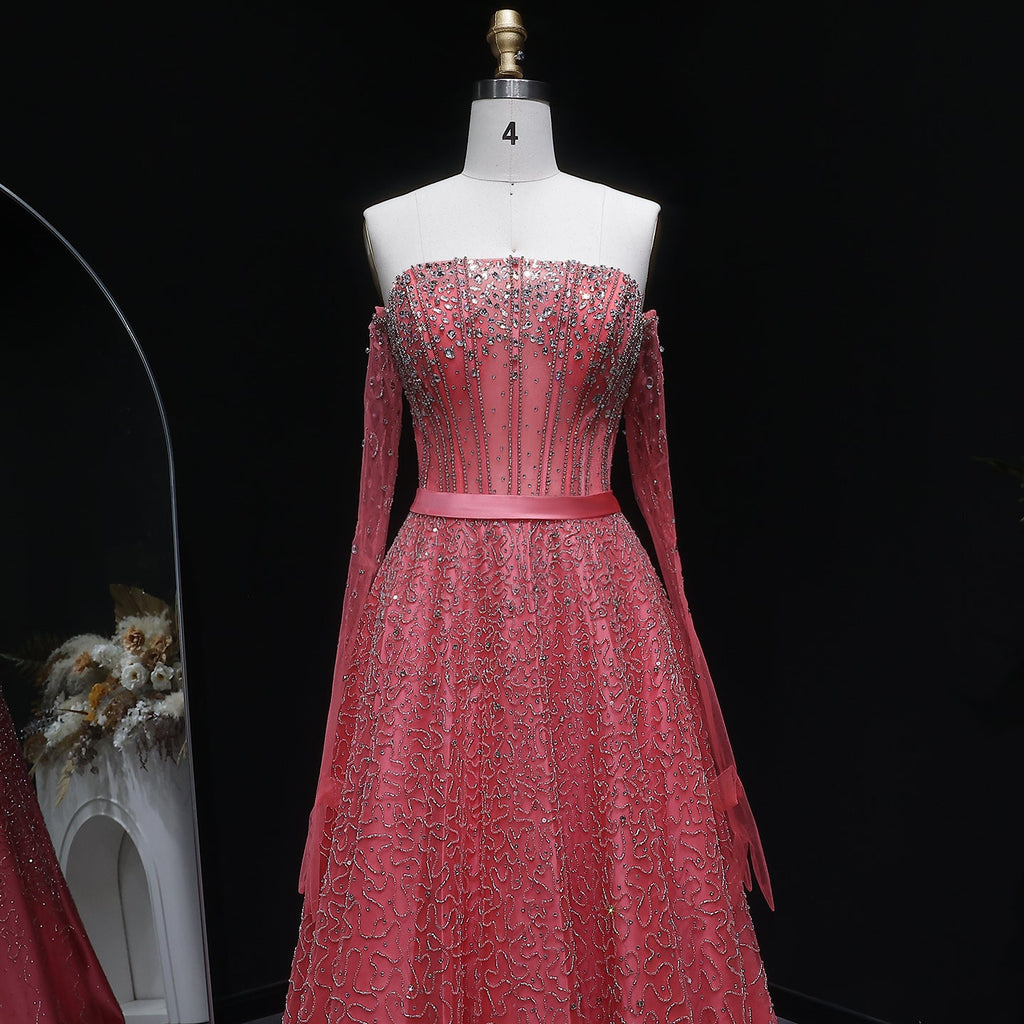 Luxury Watermelon Sequin Crystal Off Shoulder Evening Dress XD004