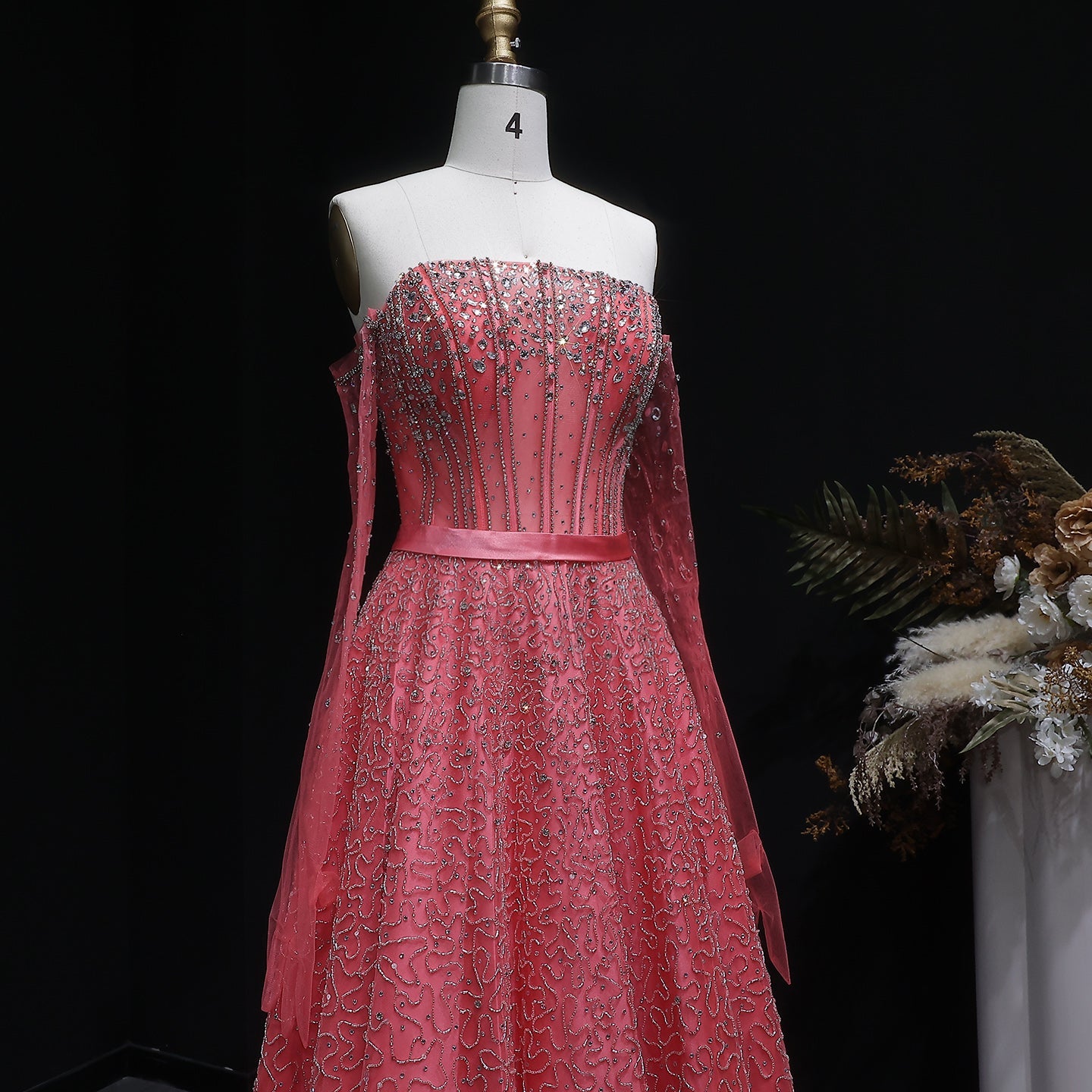 Luxury Watermelon Sequin Crystal Off Shoulder Evening Dress XD004