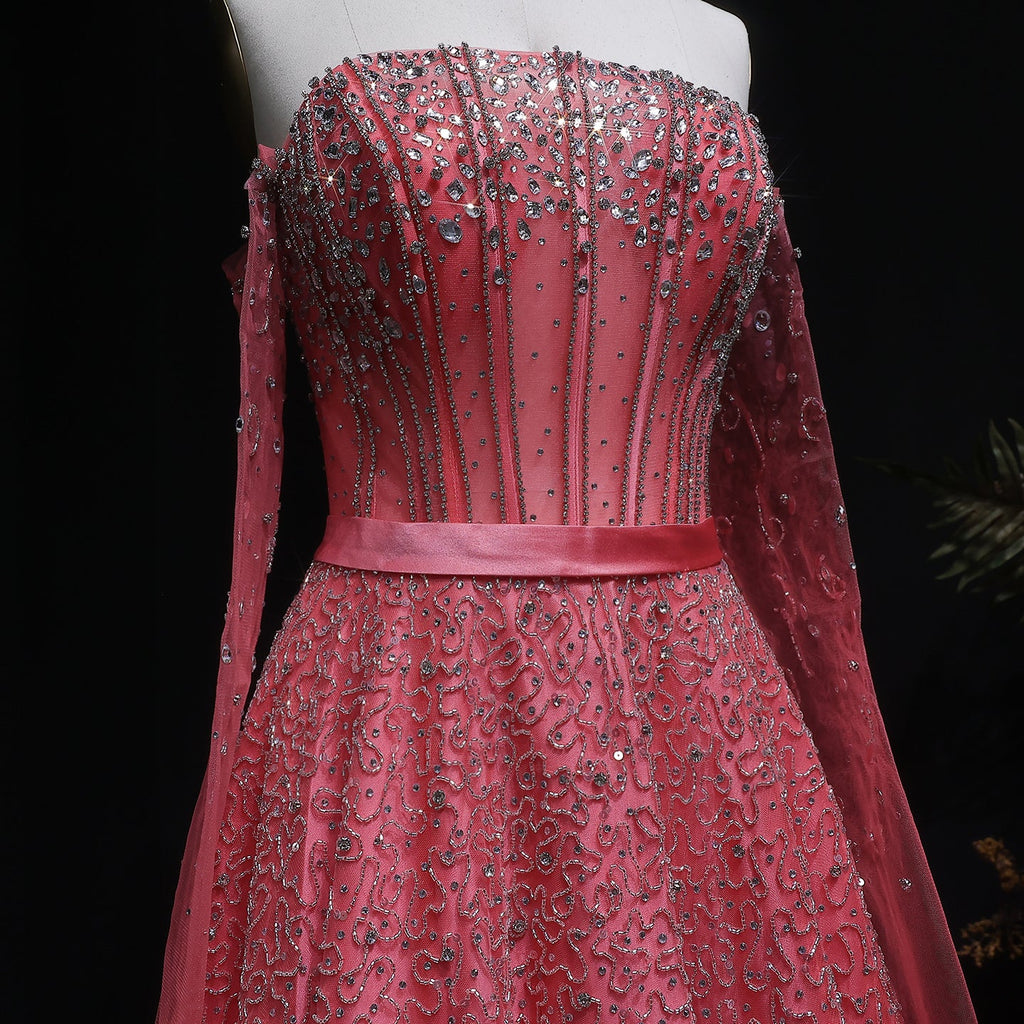 Luxury Watermelon Sequin Crystal Off Shoulder Evening Dress XD004