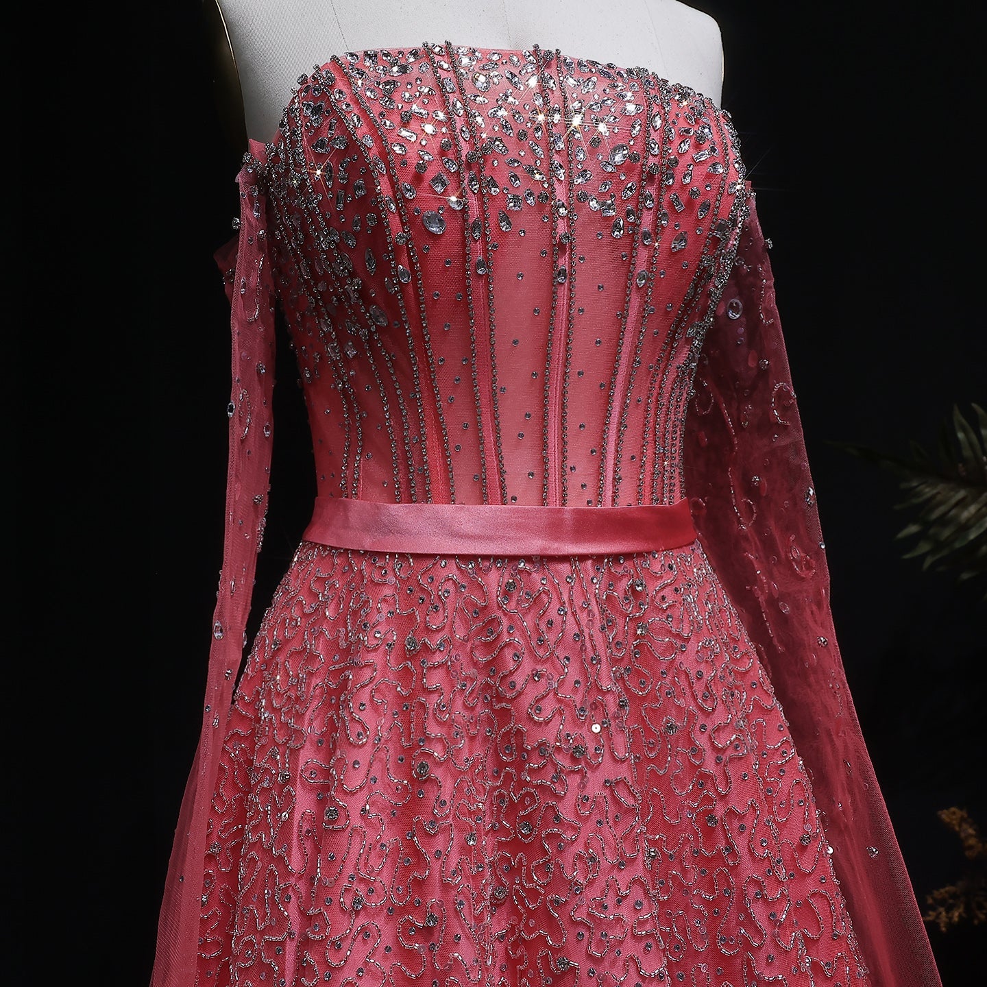 Luxury Watermelon Sequin Crystal Off Shoulder Evening Dress XD004