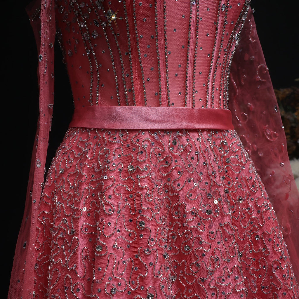 Luxury Watermelon Sequin Crystal Off Shoulder Evening Dress XD004