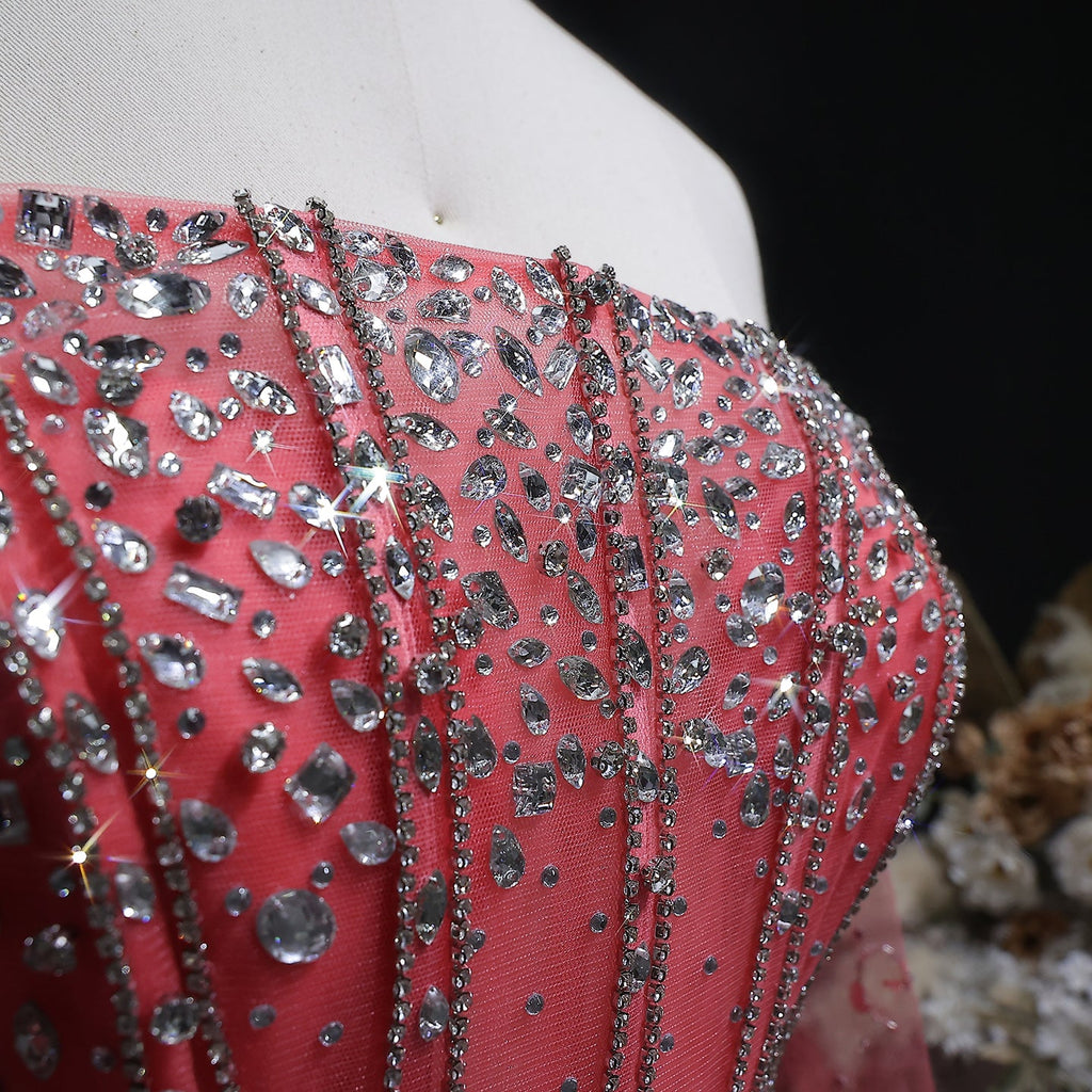 Luxury Watermelon Sequin Crystal Off Shoulder Evening Dress XD004