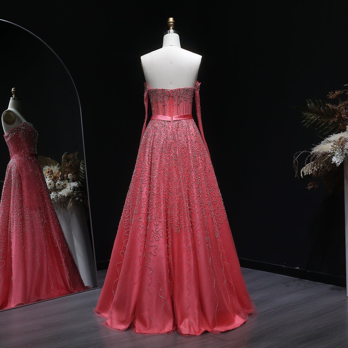 Luxury Watermelon Sequin Crystal Off Shoulder Evening Dress XD004