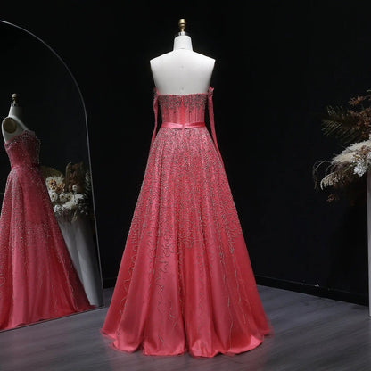 Luxury Watermelon Sequin Crystal Evening Dress with Off Shoulder Sleeves XD004