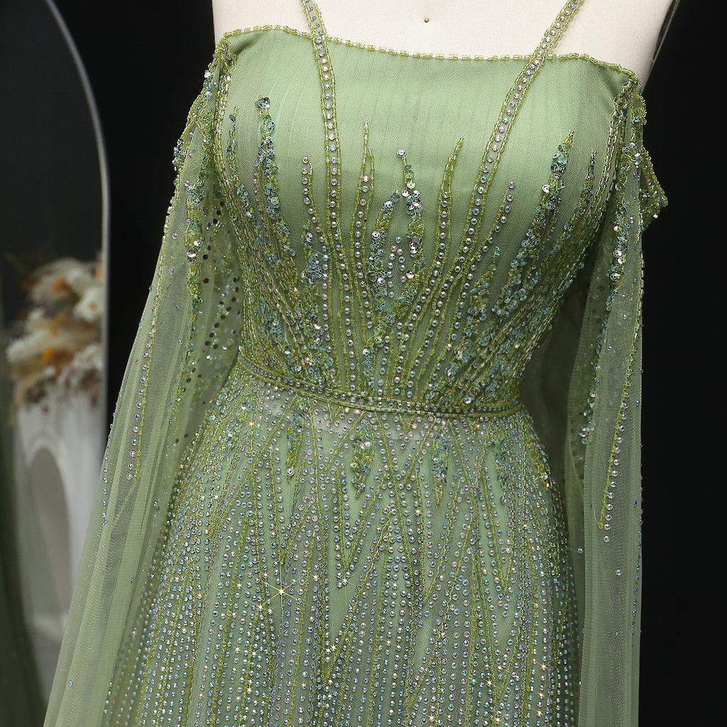 Chic Beaded Green Spaghetti-Strap Tulle Evening Dress XD024