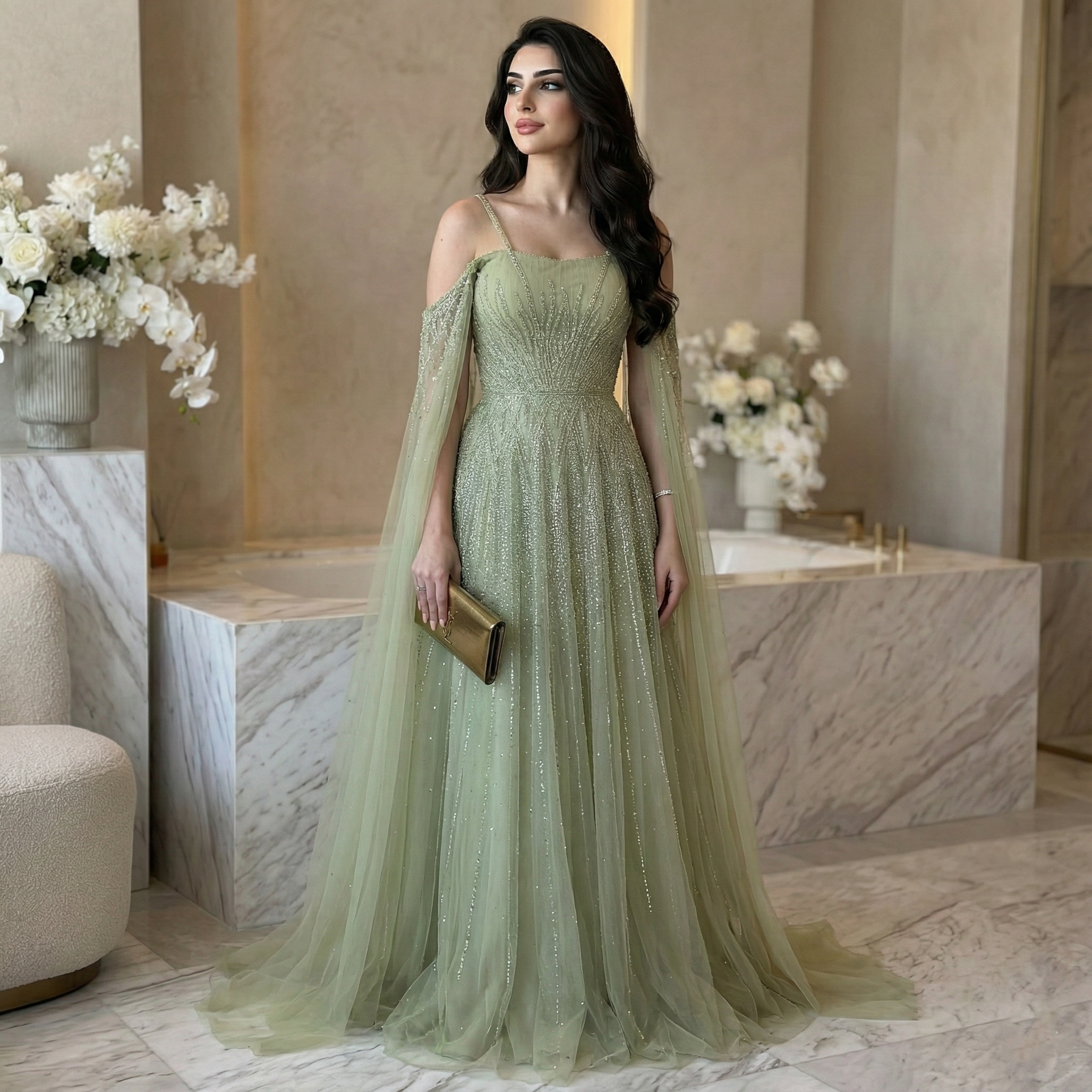 Chic Beaded Green Spaghetti-Strap Tulle Evening Dress XD024