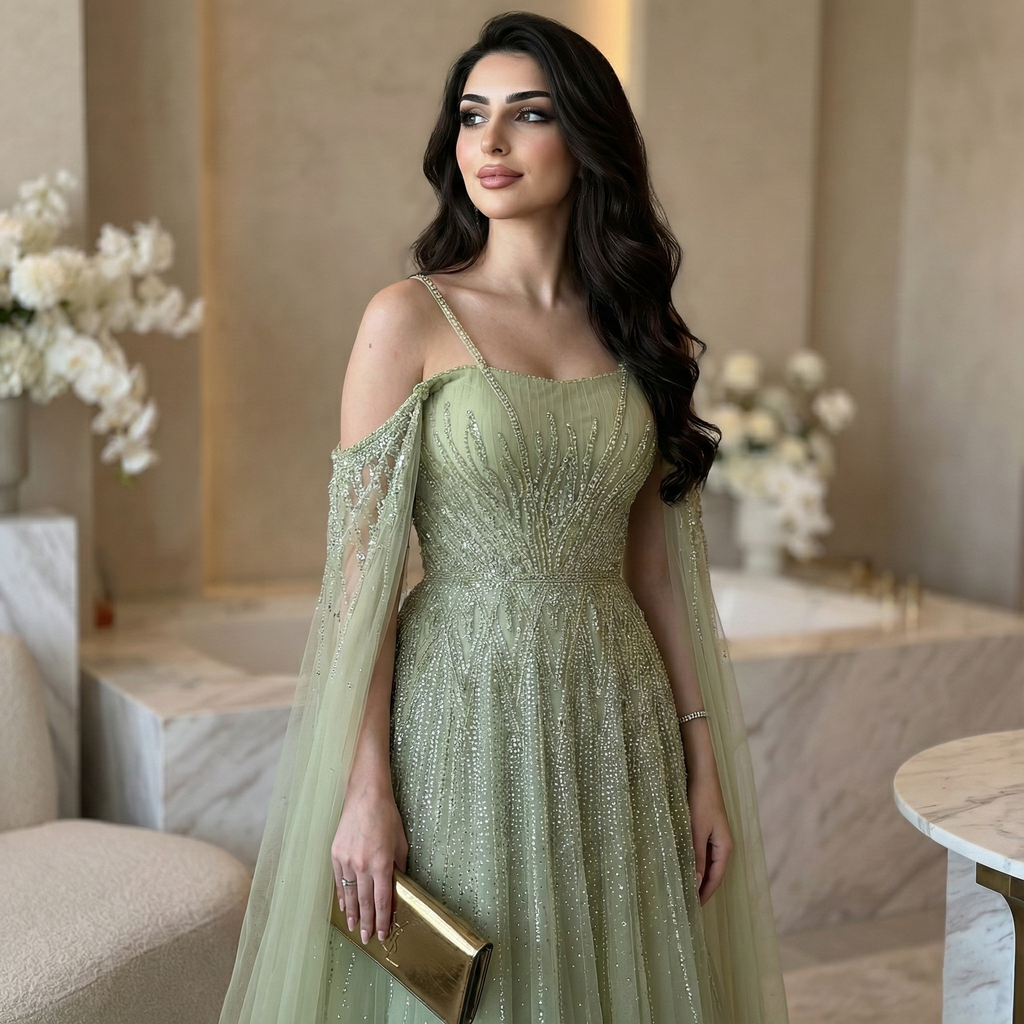 Chic Beaded Green Spaghetti-Strap Tulle Evening Dress XD024