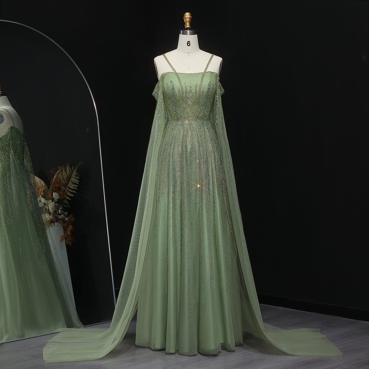 Chic Beaded Green Spaghetti-Strap Tulle Evening Dress XD024