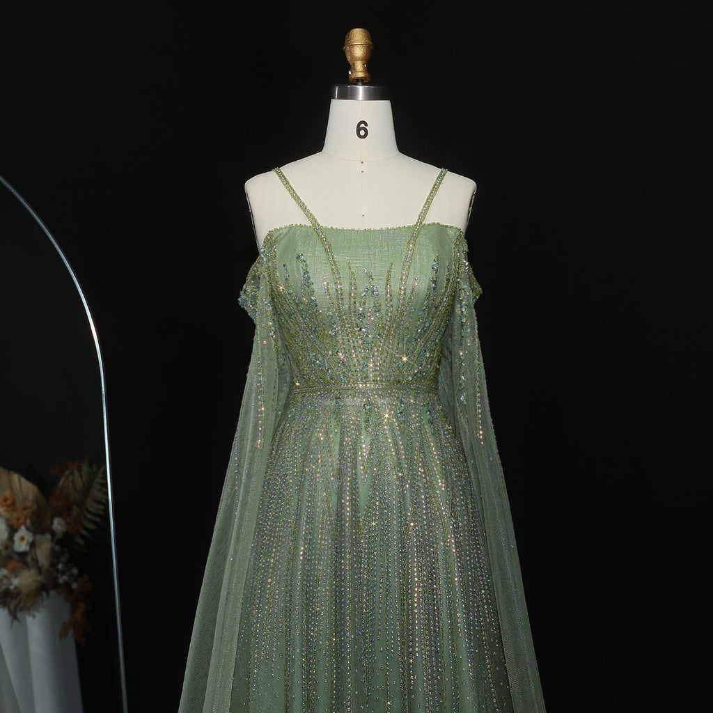 Chic Beaded Green Spaghetti-Strap Tulle Evening Dress XD024