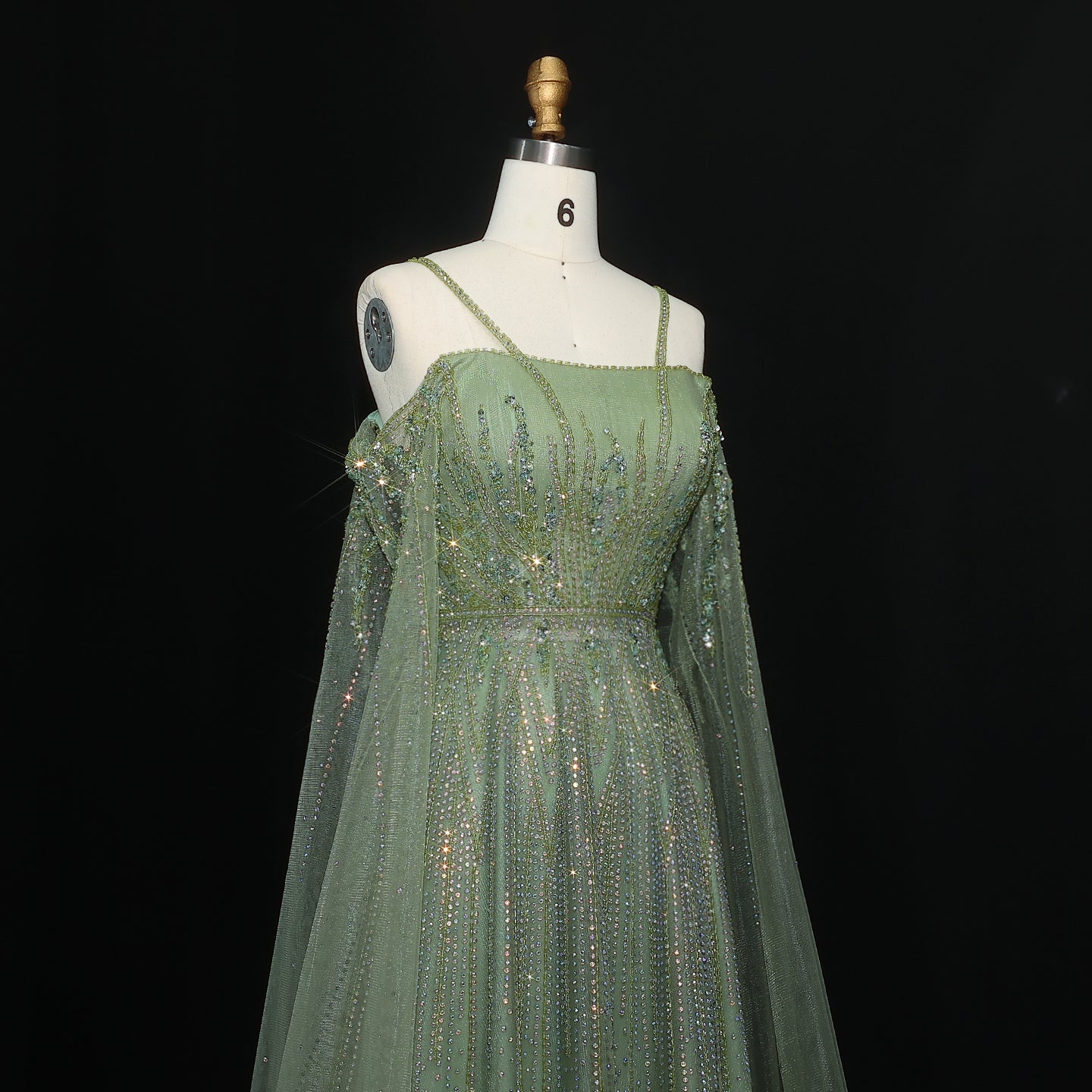 Chic Beaded Green Spaghetti-Strap Tulle Evening Dress XD024