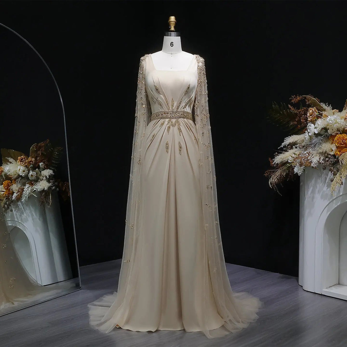 Luxury Champagne Square Neck Beaded Evening Dress with Cape Sleeve SS213