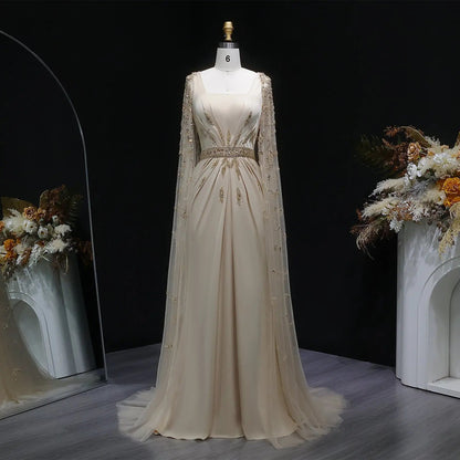 Luxury Champagne Square Neck Beaded Evening Dress with Cape Sleeve SS213
