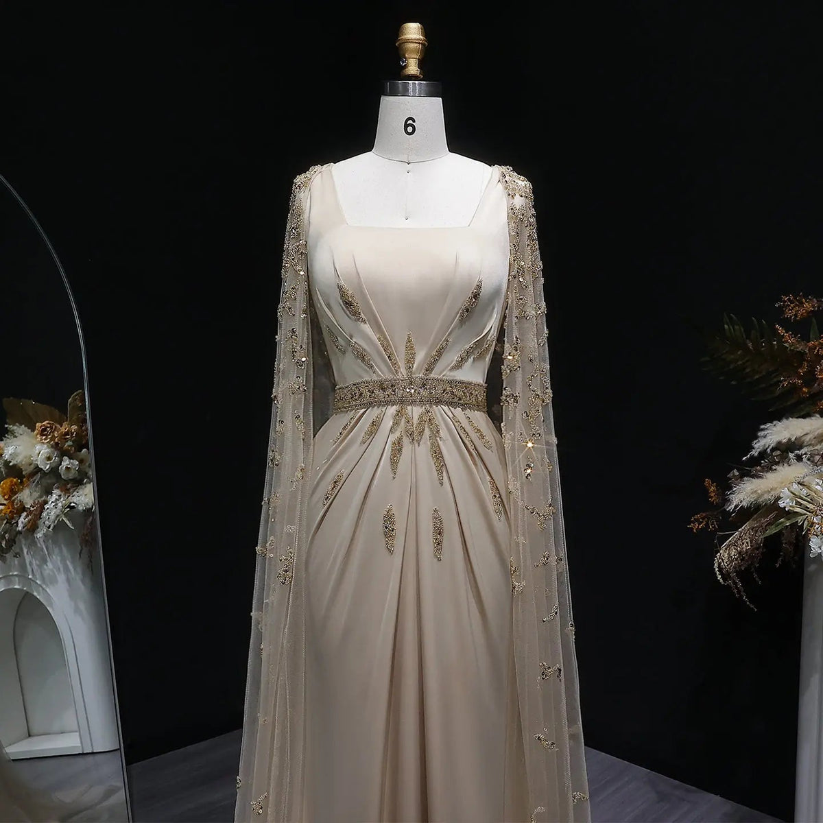 Luxury Champagne Square Neck Beaded Evening Dress with Cape Sleeve SS213