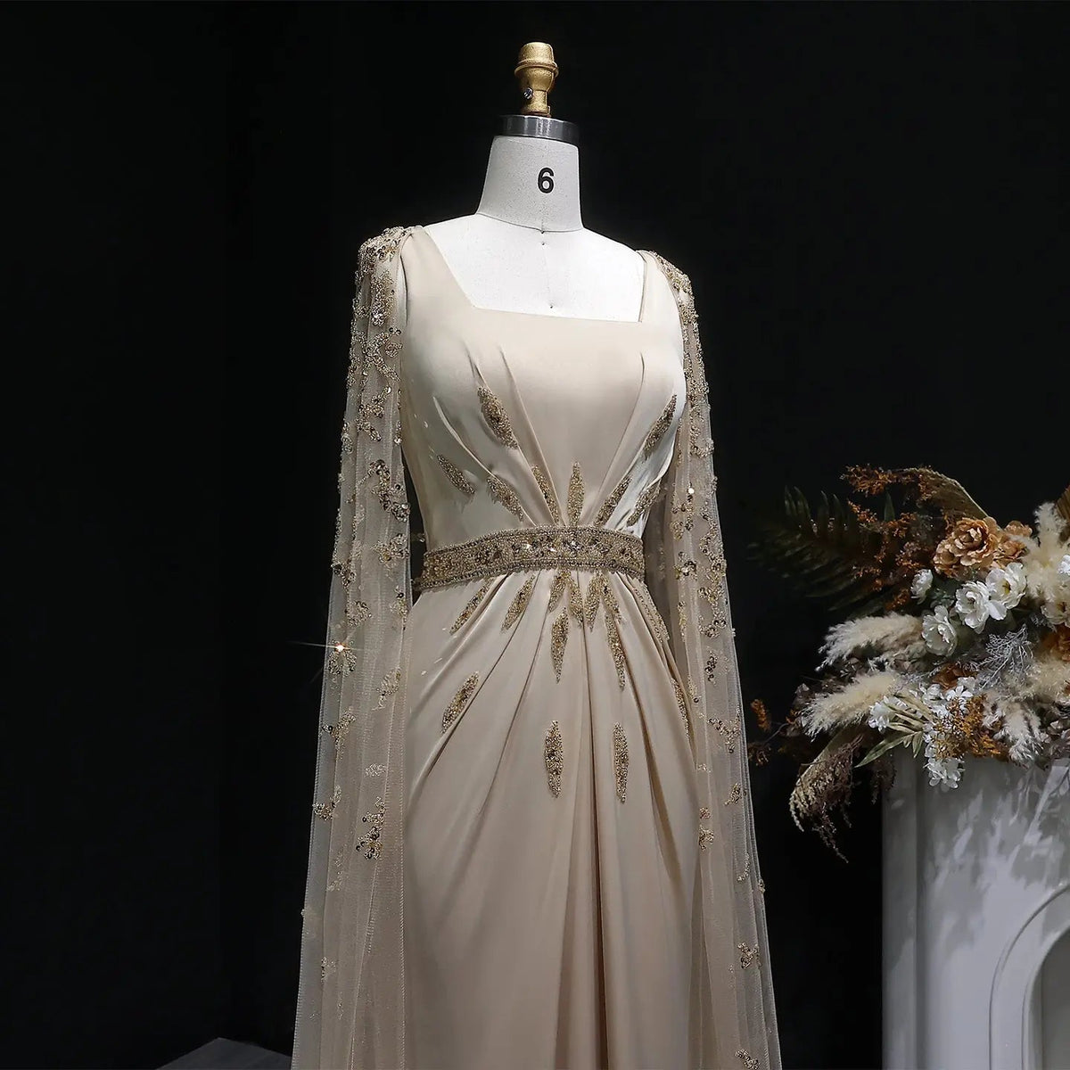 Luxury Champagne Square Neck Beaded Evening Dress with Cape Sleeve SS213