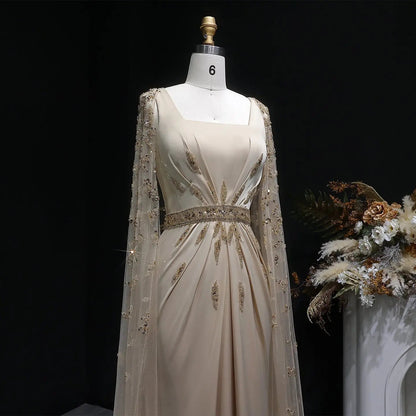 Luxury Champagne Square Neck Beaded Evening Dress with Cape Sleeve SS213