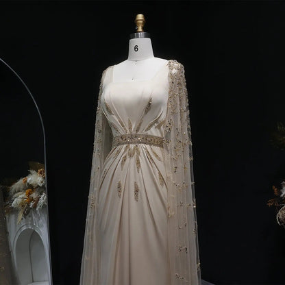 Luxury Champagne Square Neck Beaded Evening Dress with Cape Sleeve SS213
