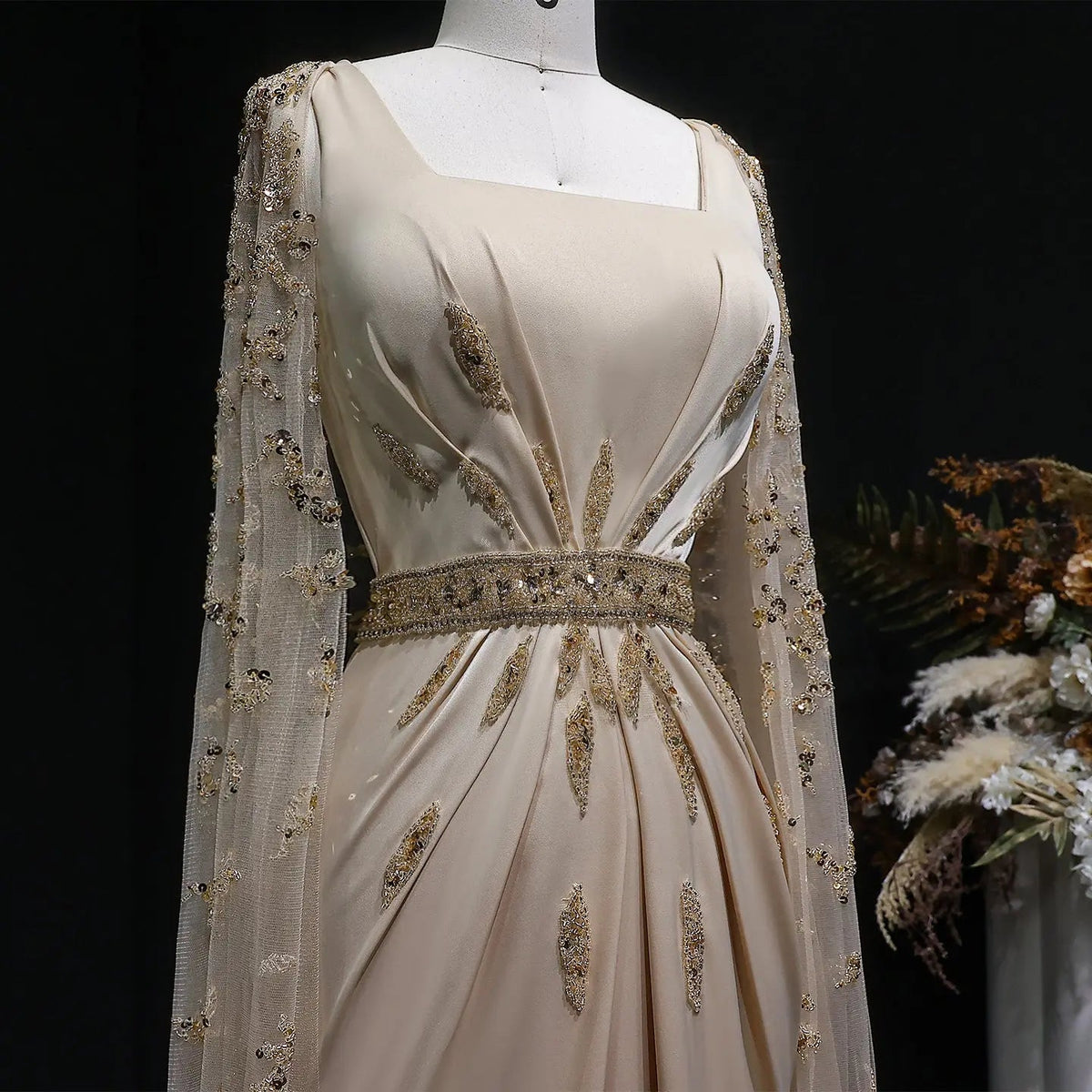 Luxury Champagne Square Neck Beaded Evening Dress with Cape Sleeve SS213