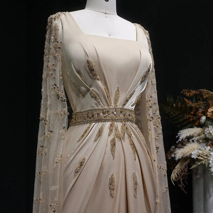 Luxury Champagne Square Neck Beaded Evening Dress with Cape Sleeve SS213