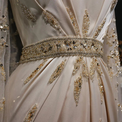 Luxury Champagne Square Neck Beaded Evening Dress with Cape Sleeve SS213
