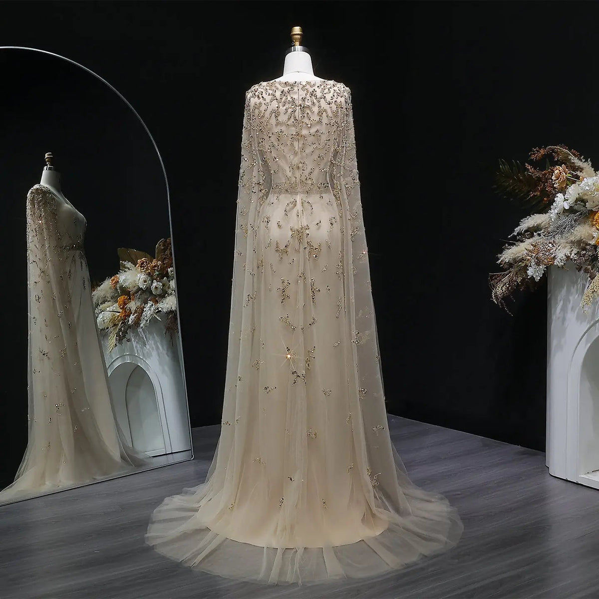 Luxury Champagne Square Neck Beaded Evening Dress with Cape Sleeve SS213
