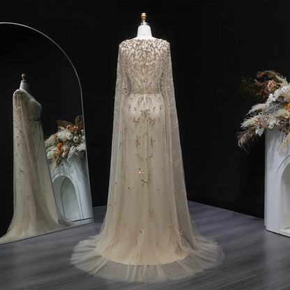 Luxury Champagne Square Neck Beaded Evening Dress with Cape Sleeve SS213