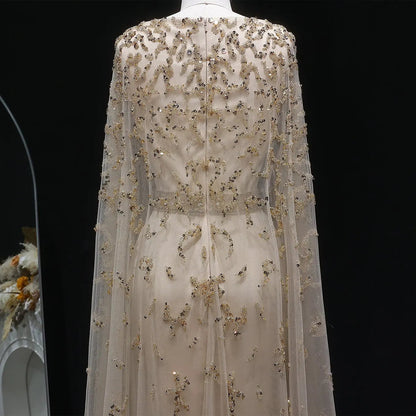 Luxury Champagne Square Neck Beaded Evening Dress with Cape Sleeve SS213
