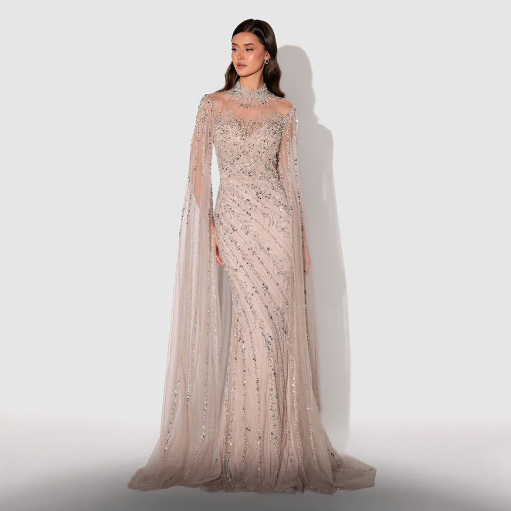 Luxury Black Nude Mermaid Evening Dresses with Cape Sleeves SS162