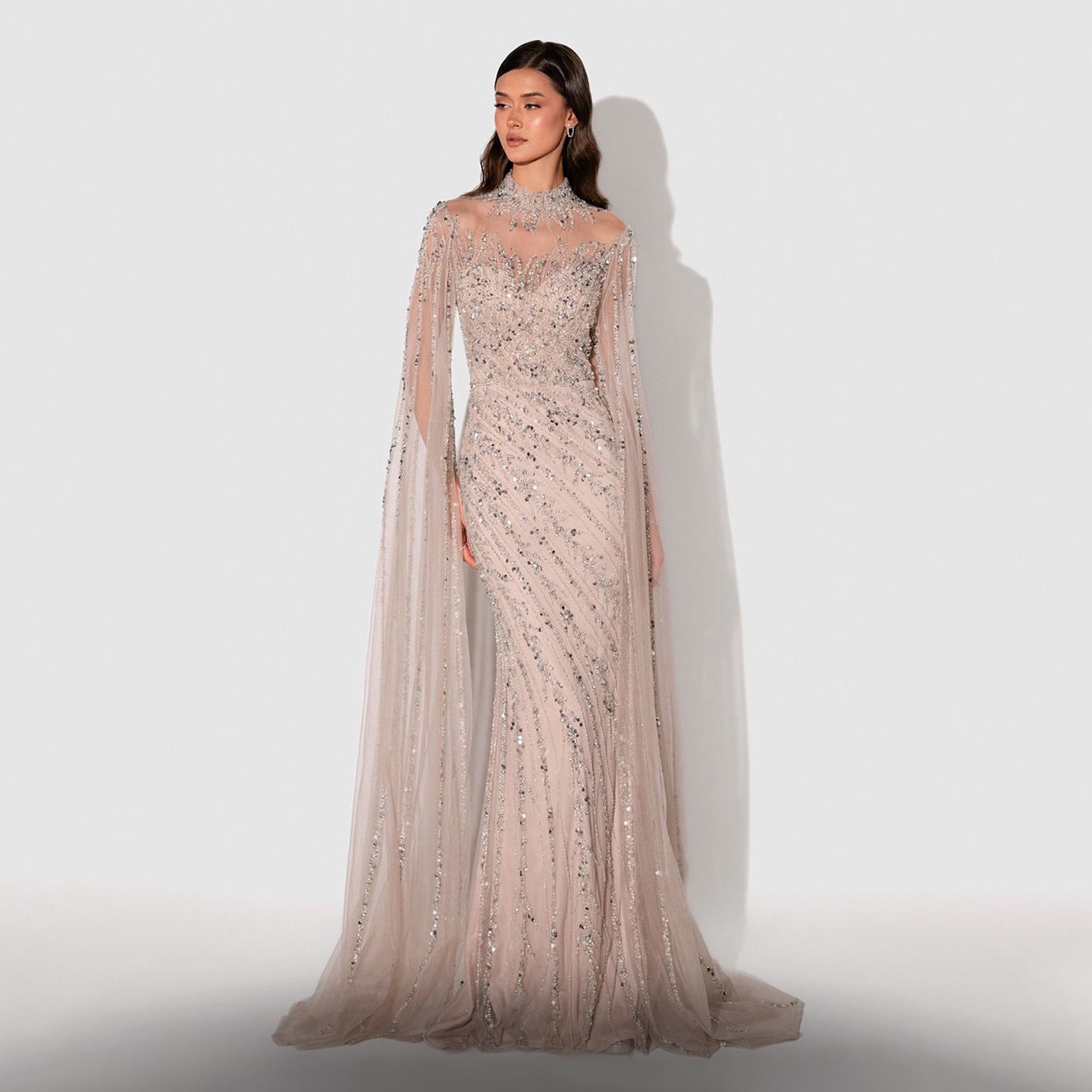 Luxury Black Nude Mermaid Evening Dresses with Cape Sleeves SS162