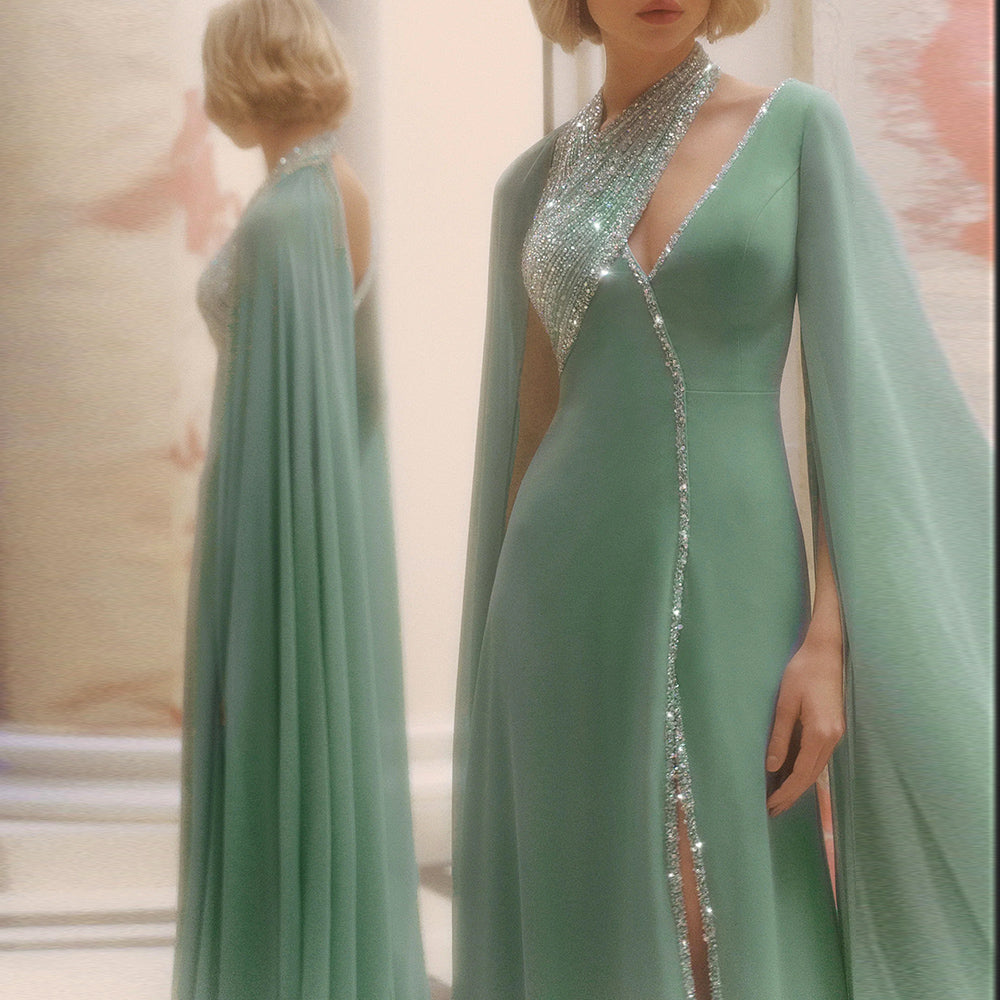 Luxury Beaded Turquoise Chiffon Evening Dress with Cape Sleeves SS474