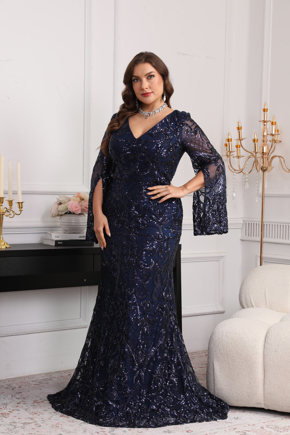 Luxury Navy Blue Sequin Batwing Sleeve Evening Dress SF624