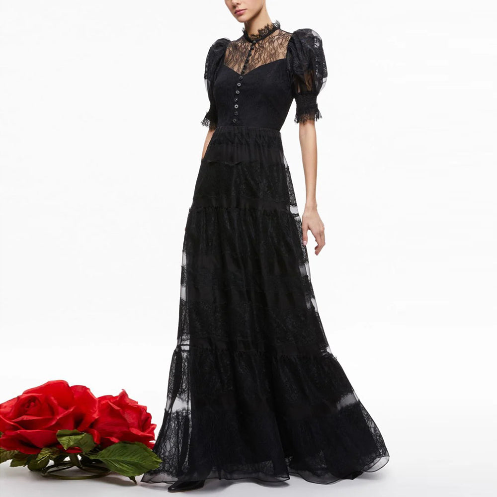Luxury Black A-Line Half Sleeves Lace Pleats Long Evening Dress SF016