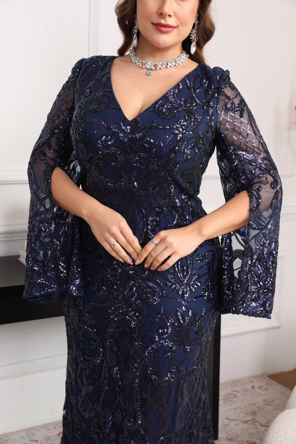 Luxury Navy Blue Sequin Batwing Sleeve Evening Dress SF624