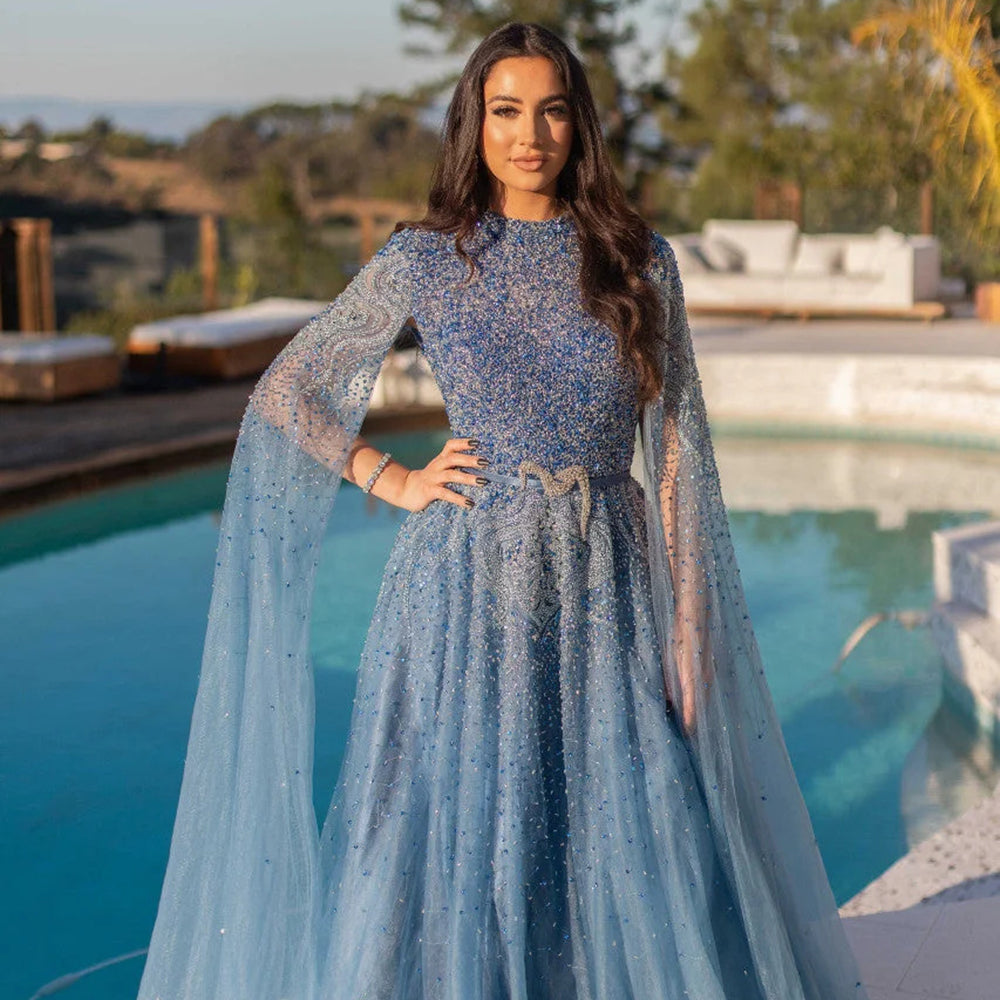 Luxury Blue A-Line Evening Dress with Cape Sleeves SS451