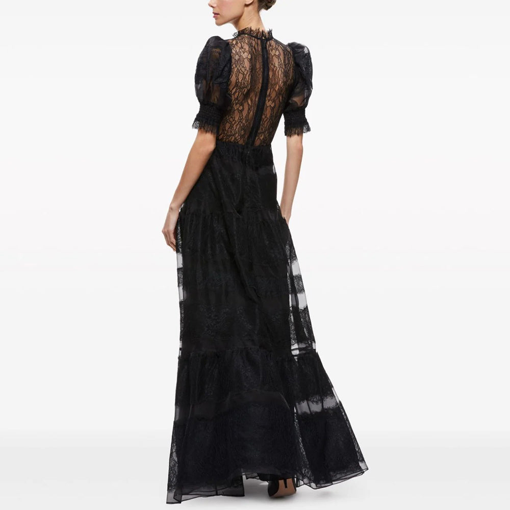 Luxury Black A-Line Half Sleeves Lace Pleats Long Evening Dress SF016